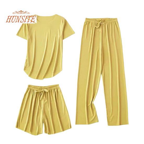 Dámské letní pyžamový set korejský temperament triko s ledovým hedvábným výstřihem do O se stahovací šňůrkou rovné široké nohavice tenké elastické pasové šortky 3ks/sada Domácí oblečení