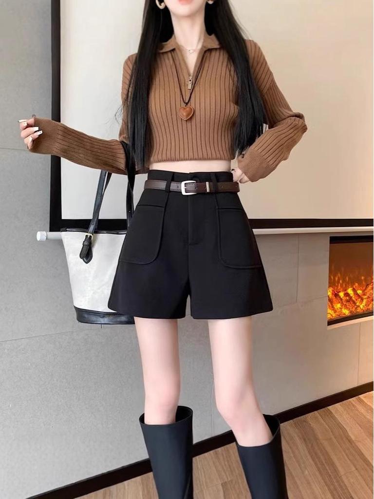 Women's Wool Blend Wide-Leg Suit Shorts - Autumn/Winter Fashion, Slimming and Thick