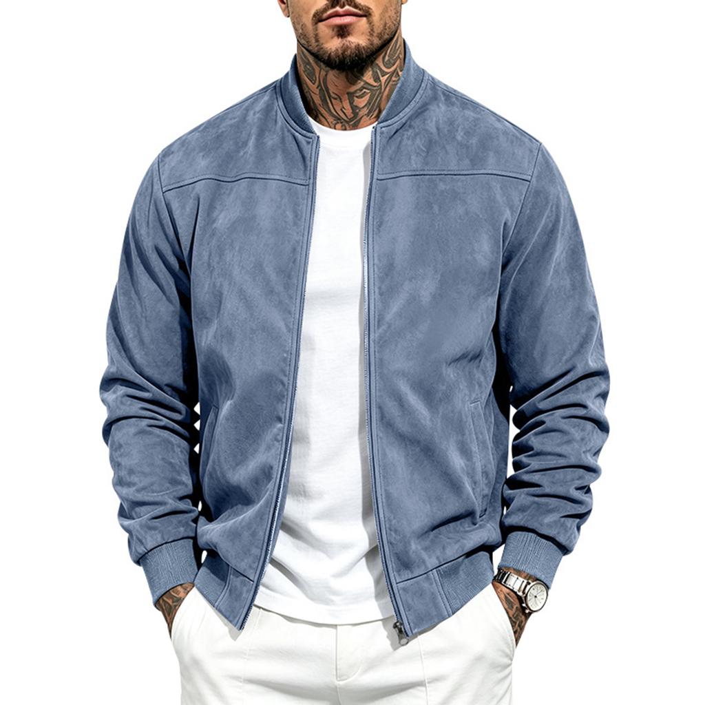 Men's Color Long Sleeve Zip-Up Jacket with Stand Collar for Casual Sporty Wear