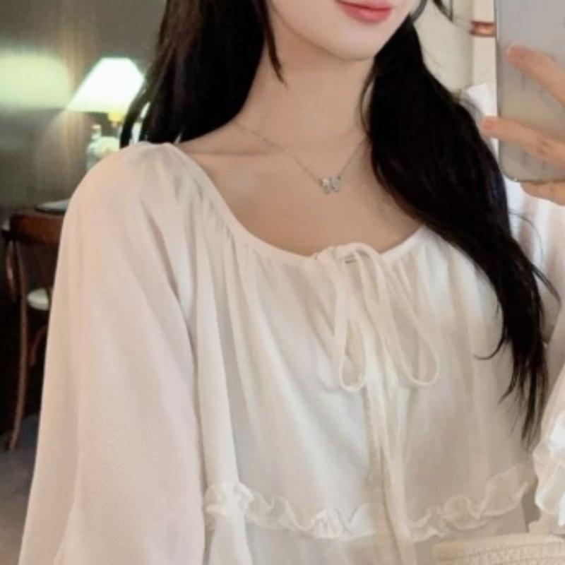 Solid Color Women's Shirt Round Neck Bow Tie Ruffles Edge Lantern Long Sleeved French Style Summer New Version Loose Sweet Women's Top