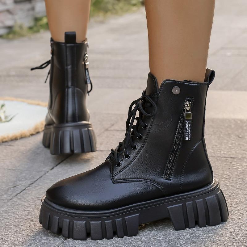 Women's Round Toe Side Zip Front Lace-Up Platform Non-Slip Short Thigh Boots Non-Slip High Heel Boots