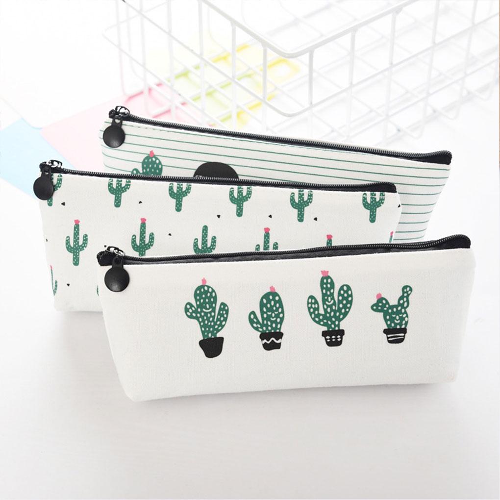 Cactus Flowers Canvas Pencil Stationery Case Box Cosmetic Makeup Pouch Bag