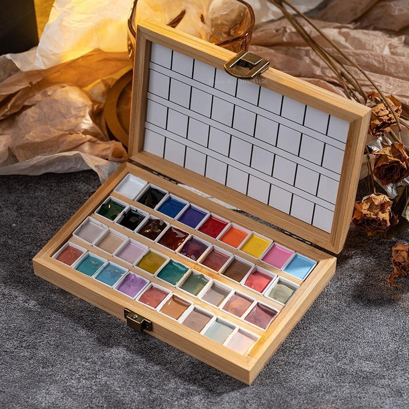36/48 Grid Wooden Subpackage Pigment Storage Box Portable Art Outdoor Painting Watercolor Pigment Palette Mini Drawing Box