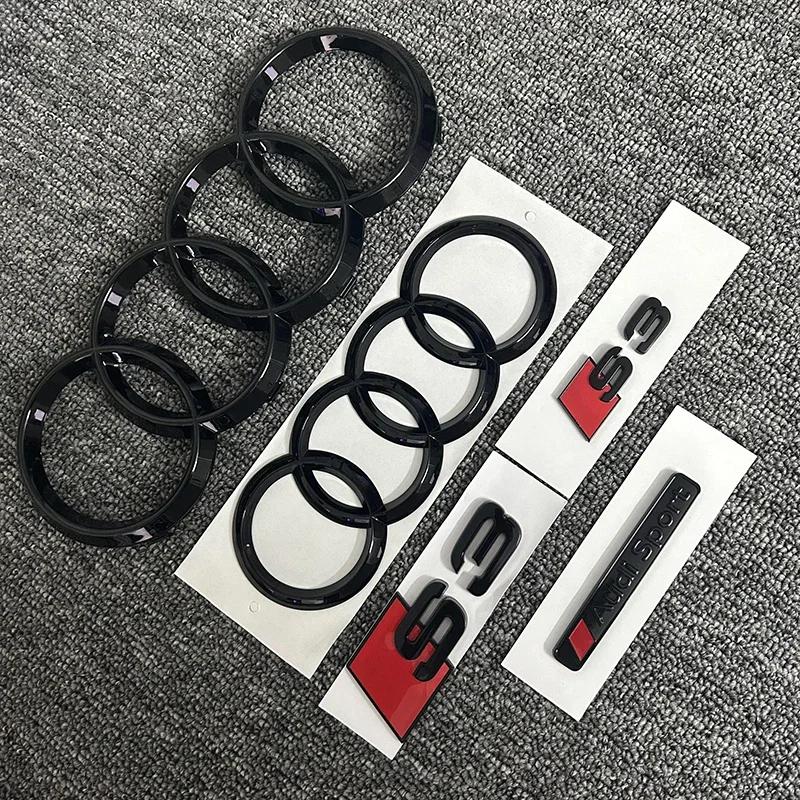 2026 Car Hood Front Grill Emblem Rear Trunk Badge Sticker 2P S3 1P Audi Sport For AUDI S3 2010-2020 2PCS 4Ring logo ABS Black