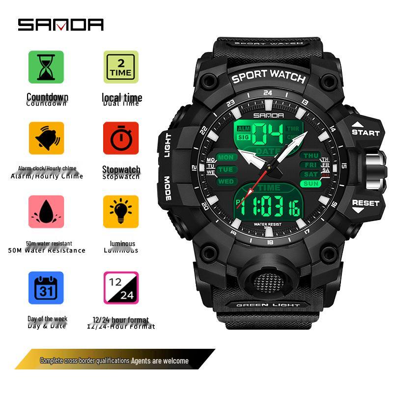 Sanda Multifunctional Waterproof Sports Watch for Outdoor and Student Use with Dual Display and Alarm Clock.