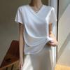 Summer Basic Solid Women's T-Shirts V-Neck Short Sleeve Tees Tops Satin Silk Elegant Thin Shirts for Female
