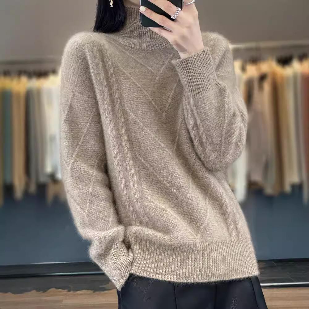 Women's 100% Wool Knitted Sweater - Autumn/Winter, Thick, Semi-High Neck, Lazy Style