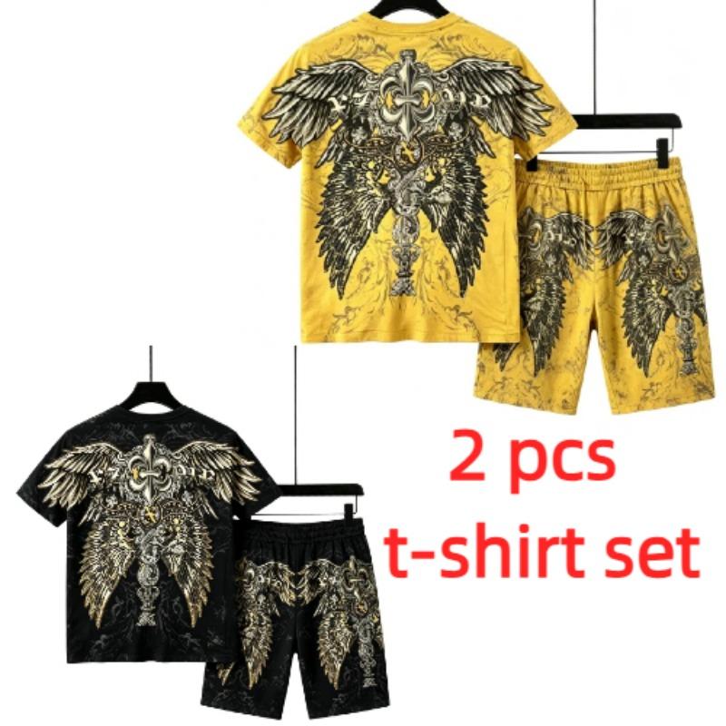 European and American Street Men's Short Sleeved T-shirt Shorts Set 3D Angel Wings Skull Print Men's and Women's Loose Casual Sports Suit