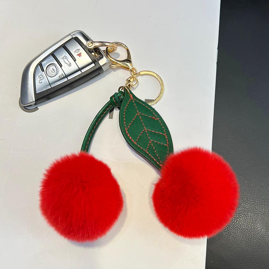 Echtes Rexkaninchenfell Kirsch Auto Schlüsselanhänger Anhänger Internet-Berühmtheiten Ins Niedlicher Pompon Taschenanhänger Geburtstagsgeschenk