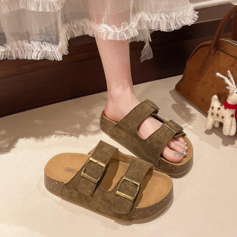 British retro buckle slippers women s summer wear new one-word flat shoes beach shoes sandals women 40 хаки