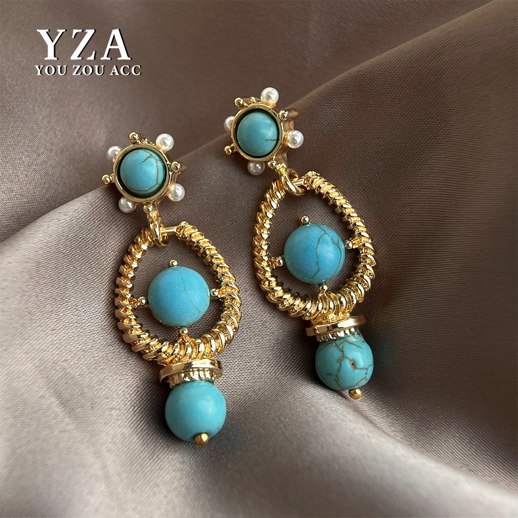 Geometrische Türkis-Perlen-Silbernadel-Ohrringe im Vintage-Stil - Retro High-End Luxus