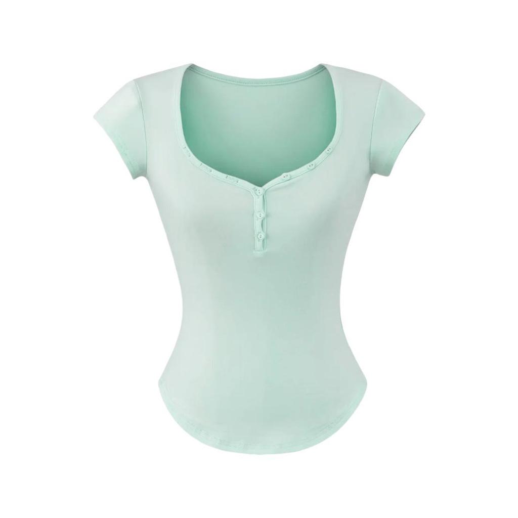 Damen Einfarbiges Slim-Fit T-Shirt mit Herzausschnitt & Gebogenem Saum
