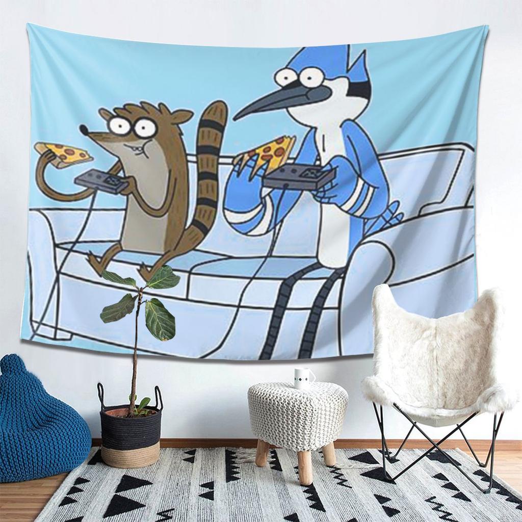 Mordecai And Rigby Pizza And Video Games Tapestry Wall Hanging Aesthetic Home Decoration Tapestries for Living Room Bedroom