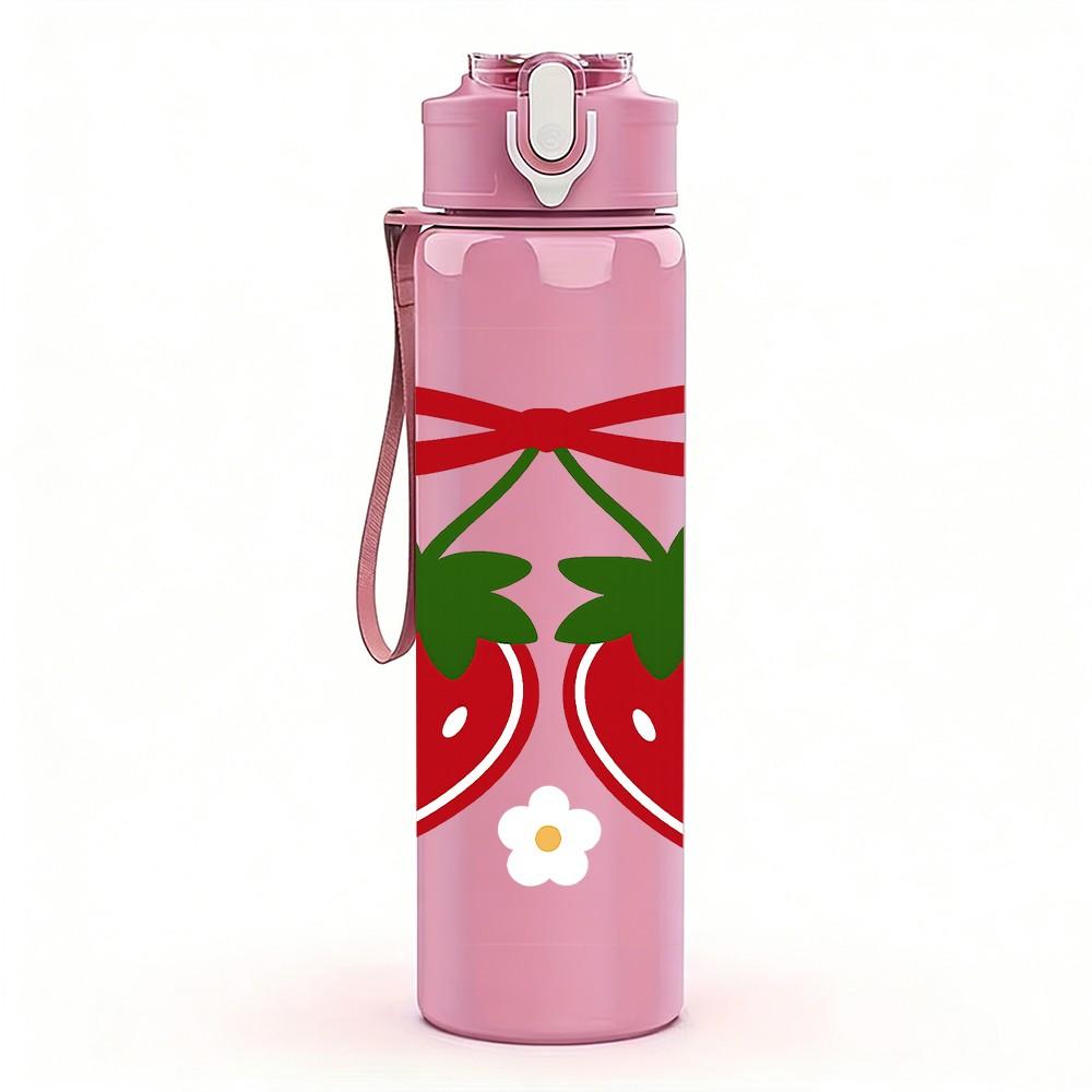 1PC Twin Red Strawberry With Bow 750ml Color Plastic Sports Water Bottle Leakproof Flip Straw Lid Suitable for Sports Office Home Use