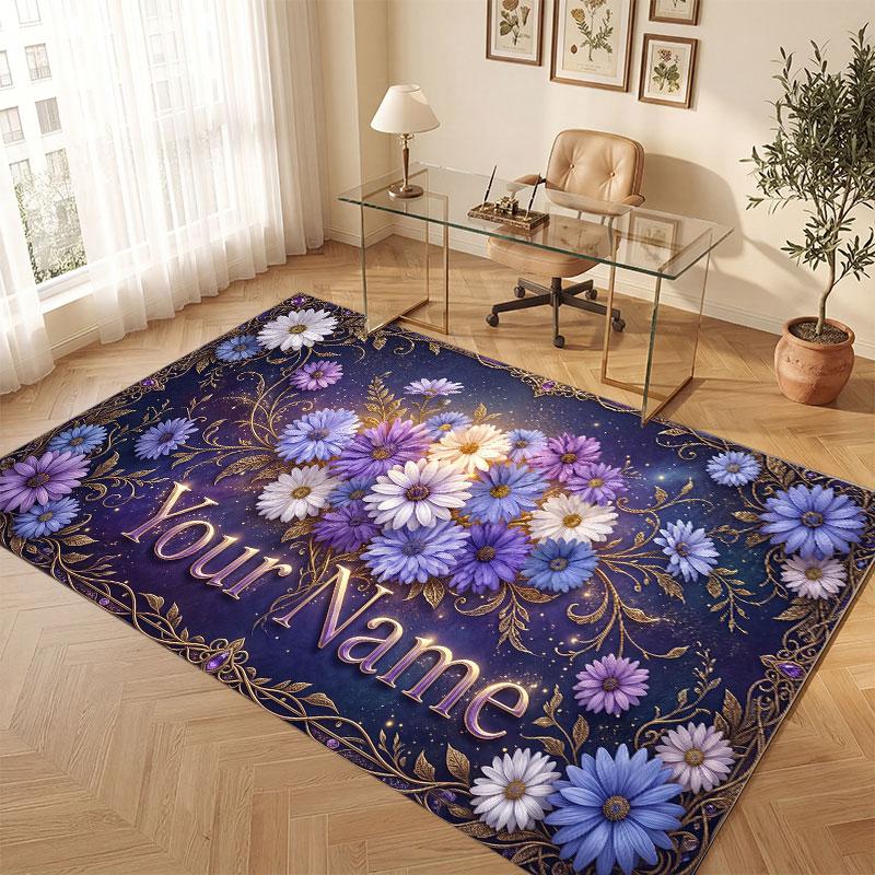 Floral Garden Theme Crystal Velvet Floor Rug Personalized Custom Name Text Warm Carpet Home Decoration