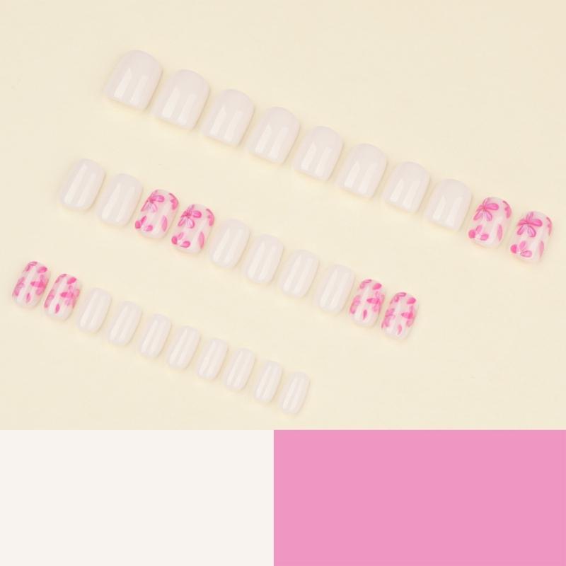 30 Pcs Glossy Full Cover False Nail Short Square Press On Nail Pink Flowers Stick on Nail Solid Color Acrylic Nail