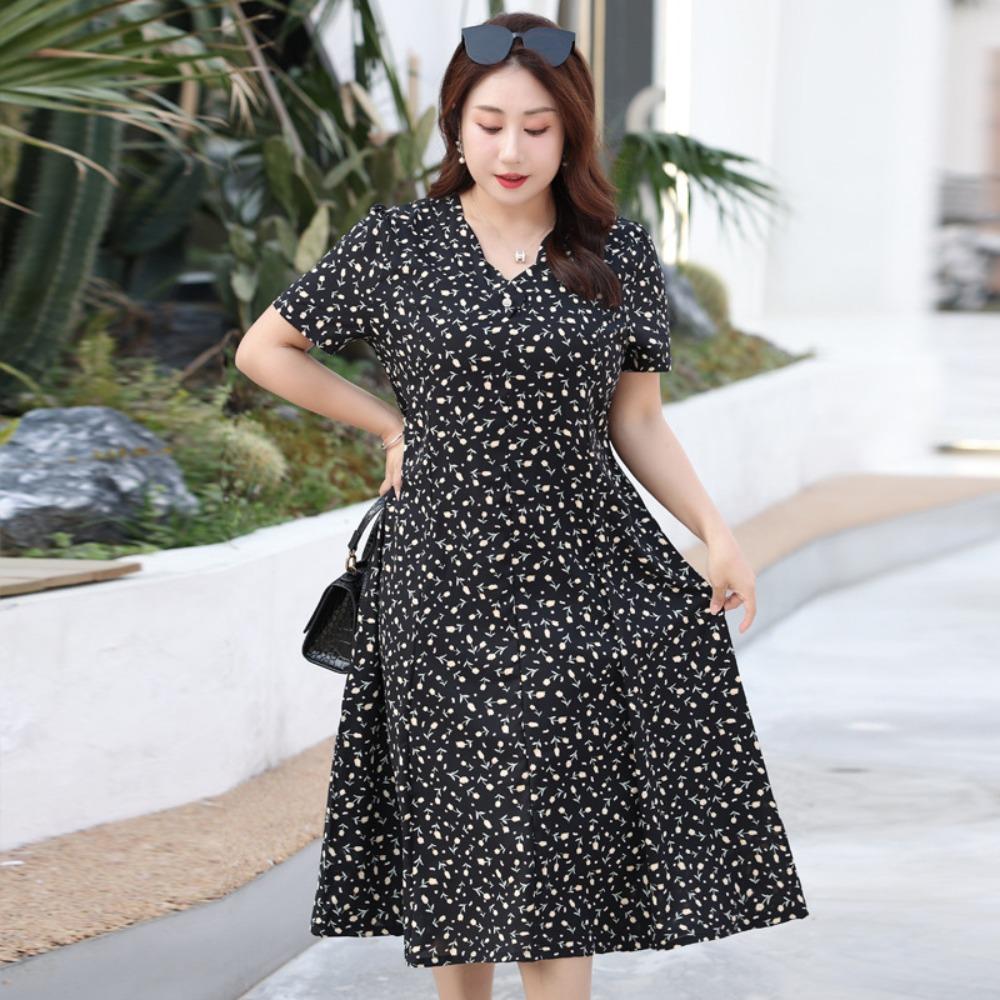 Women's V Neck Short Sleeve Floral Midi Dress Loose Fit Elegant Casual Chiffon Dress