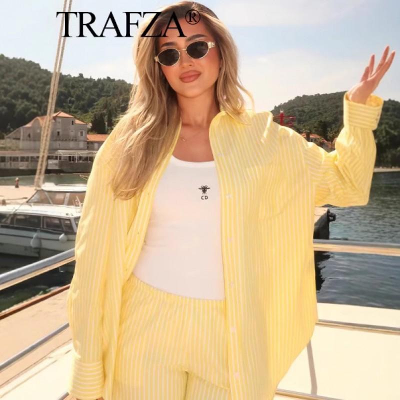 Womens Loose Striped Casual Shirt Long Sleeve 2025 Streetwear Lightweight Cotton Blend Top