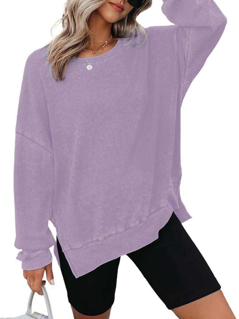 Women's Autumn New Style Crew Neck Long Sleeve Side Slit Checked Waistcoat T-Shirt