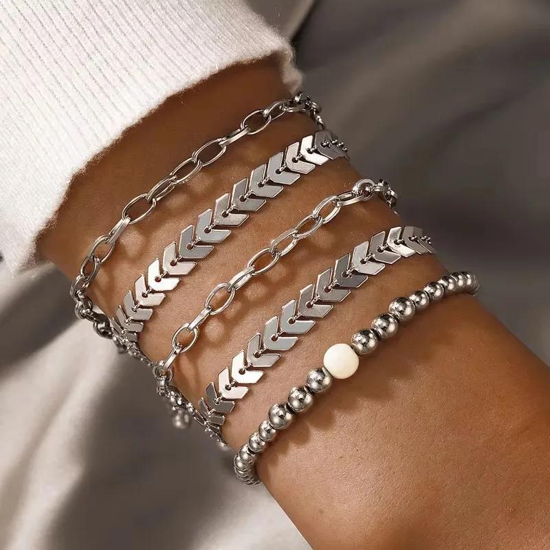 5pcs/sets Trendy Ins Flower Tassel Round Bead Bracelets for Women Charm Leaf Geometric Summer Beach Bracelet Zircon Accessory
