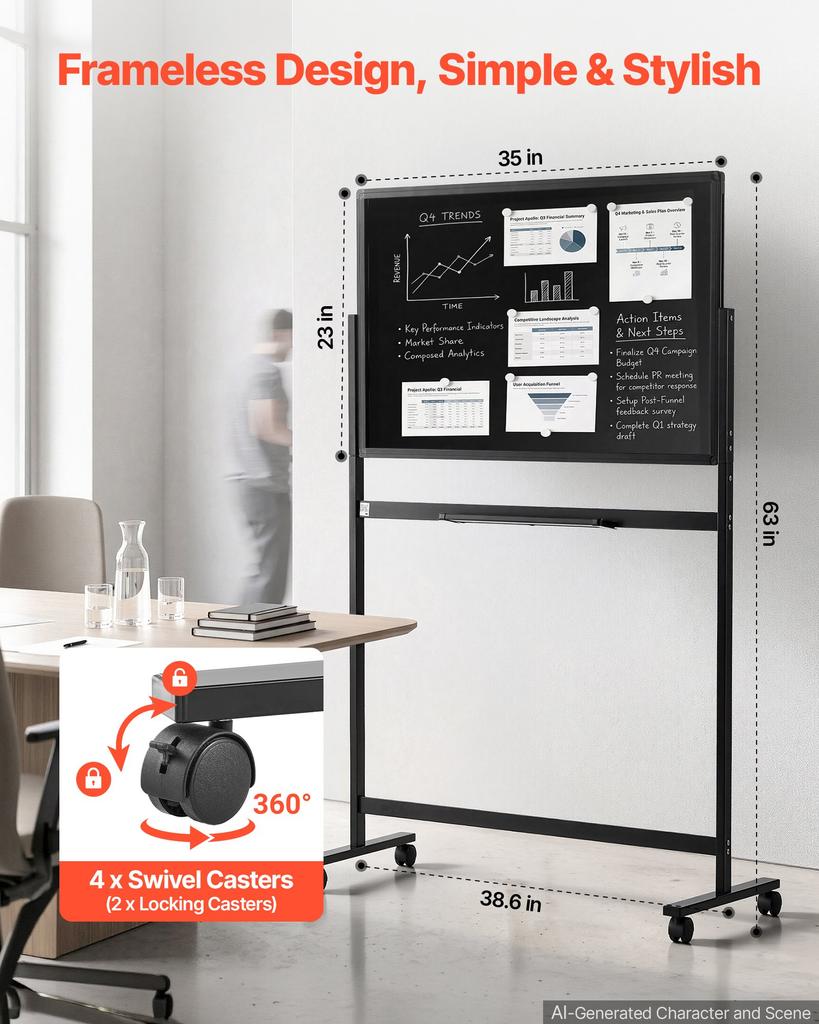 VEVOR Glazen Whiteboard 888x583mm Magnetisch Whiteboard met Standaard Zwart, Randloos, Mobiel met Standaard en Wielen, Inclusief Markers