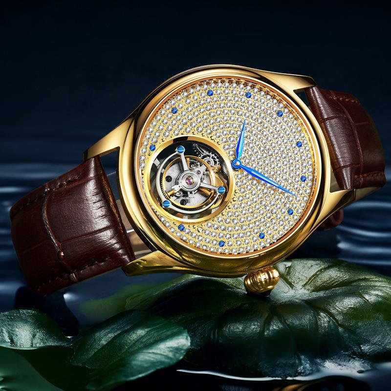 Men's Swiss Movement Waterproof Mechanical Watch with Diamond-Set Skeleton Design and Leather Strap