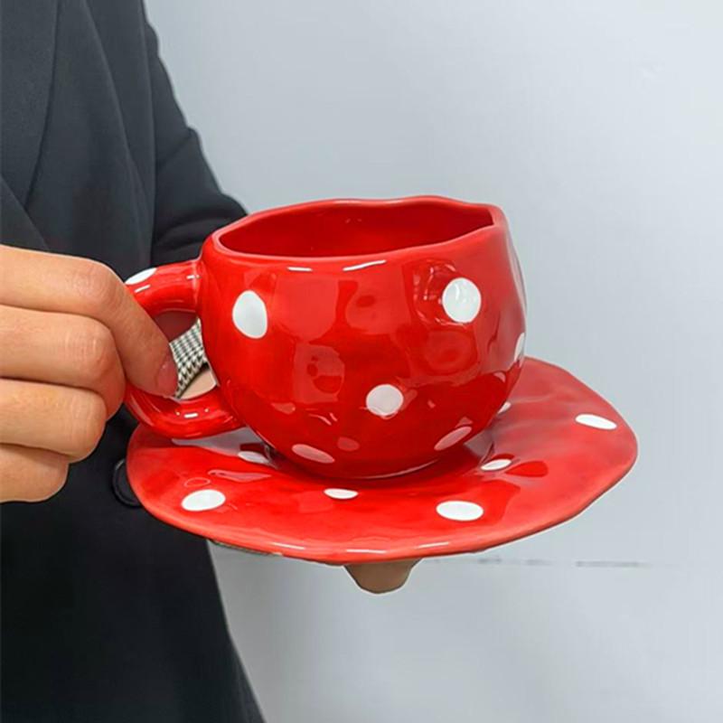 Korean Ins Style Hand-painted Love Ceramic Cup and Saucer Couple, Underglaze Color Irregular Coffee Cup and Saucer Afternoon Tea