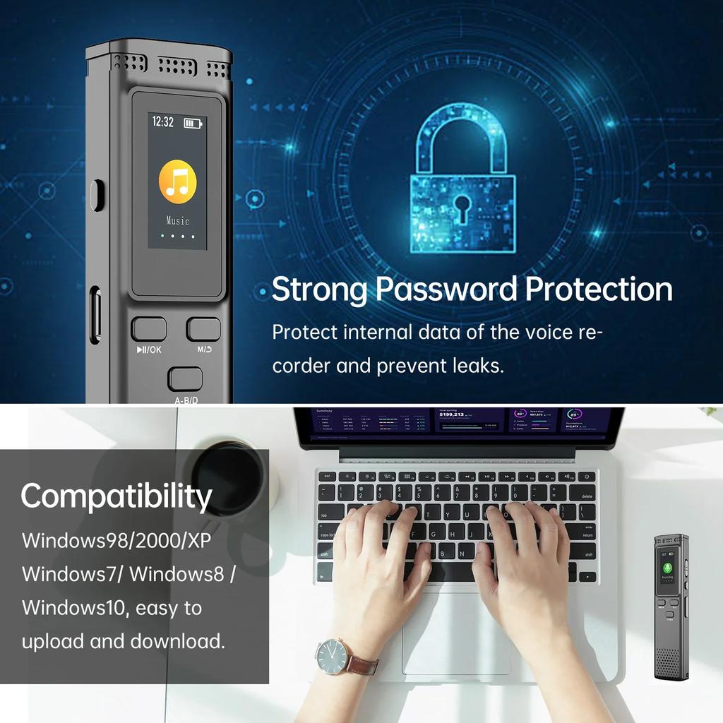 Digital Voice Recorder with Noise Reduction, Voice Activation, MP3 Playback (64GB/16GB/8GB)