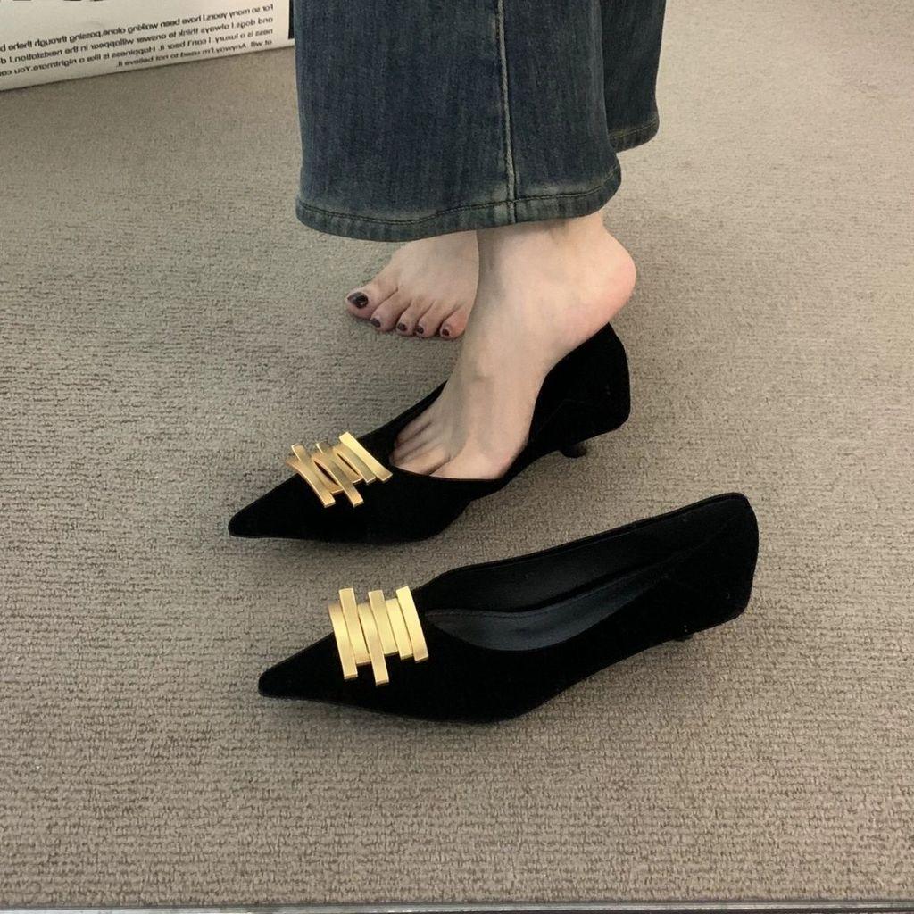 Black Metal Buckle Loafer Shoes For Women With Pu Material For Work And Office Use