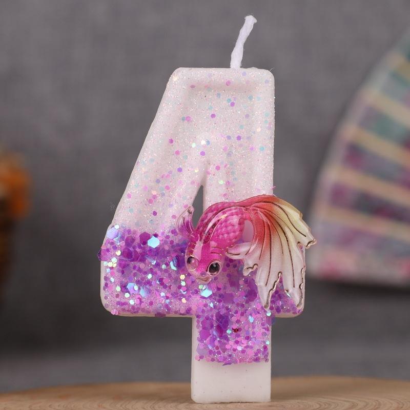 Gradient Pink and Purple Goldfish Digital Birthday Handmade Candle Cake Decoration First Birthday Diy0-9