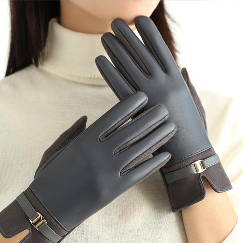 Winter Warm Outdoor Cycling Windproof Waterproof New High End Sweet Cool Wind Plush PU Women Gloves