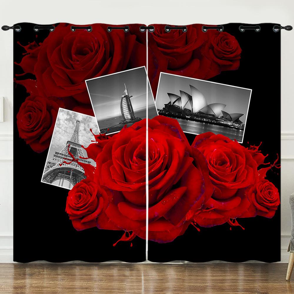 Curtains Flowers Roses Plants Flowers 3D Digital Printing Blackout Curtain Punching