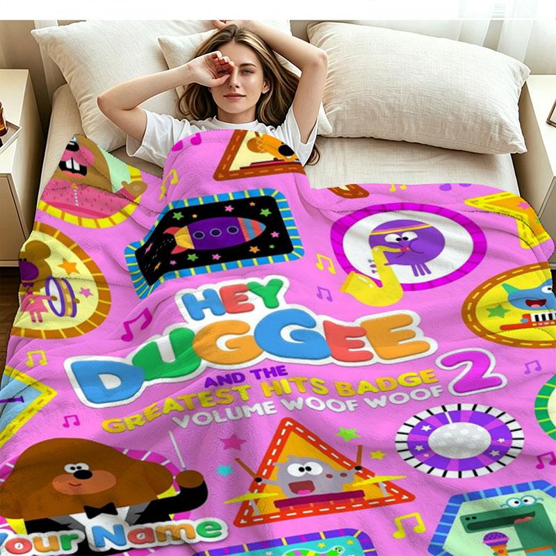 1PC Hey Duggee Custom Name Patterned Flannel Blanket Suitable For All Seasons for Home Decor Warmth and Comfort Gifts Holiday Present