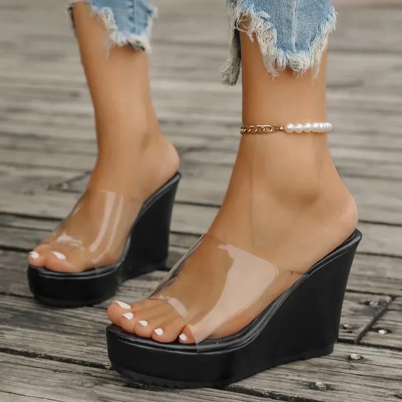 Fashion Ladies Shoes 2024 Hot Sale Open Toe Women's Slippers Summer Transparent Solid Outdoor Casual Platform Wedge Large Size Slippers