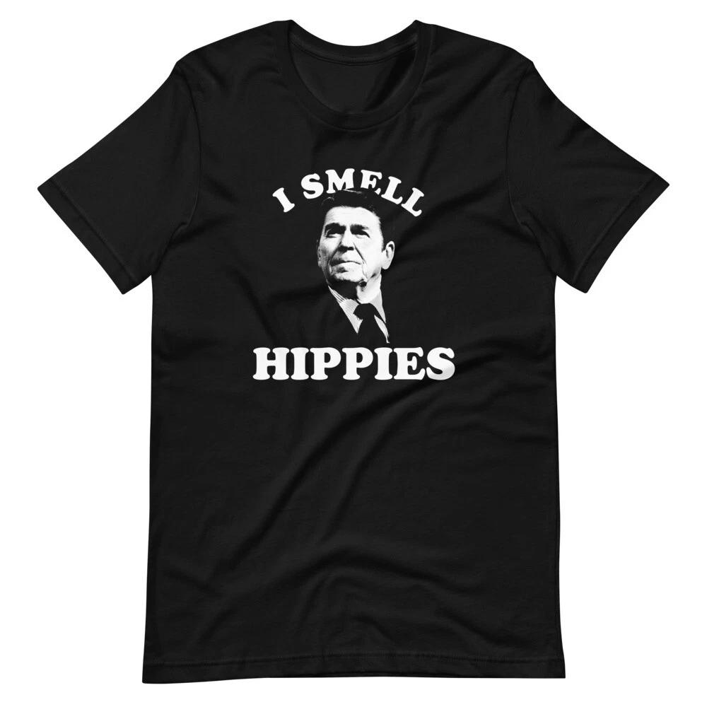 RONALD REAGAN I SMELL HIPPIES Republican Politics Funny Unisex 100% Cotton T-shirt Mens Tees Top M