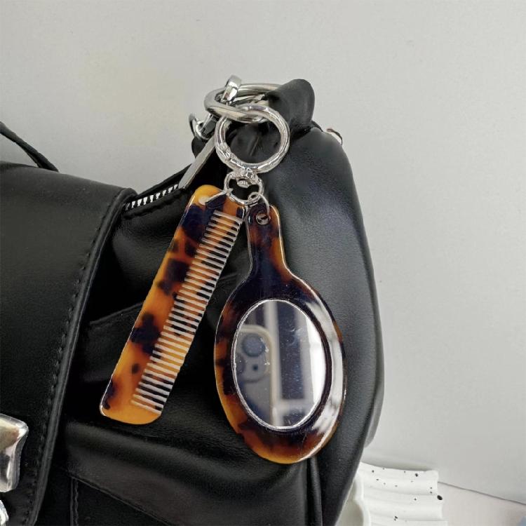 Leopard Comb Keychain with Makeup Mirror Pendant Fashionable Handmade Acetate Keyring Accessory Women Beauty Tool