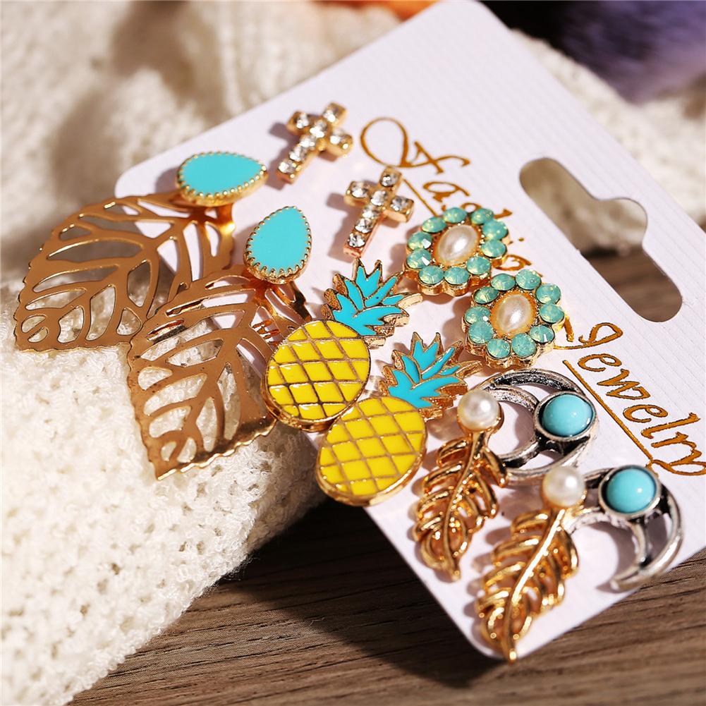 6Pairs/Set Alloy Jewelry Bohemian Vintage Style Ear Stud Pineapple Earring Set Flower Leaves