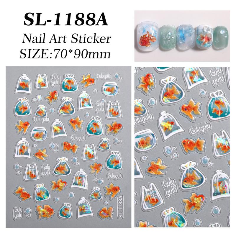 Shiny Goldfish Plastic Bag Seahorses Summer Jellyfish Starfish Shell Conch Koi Water Bubble Star Carp Nail Art Stickers Decals