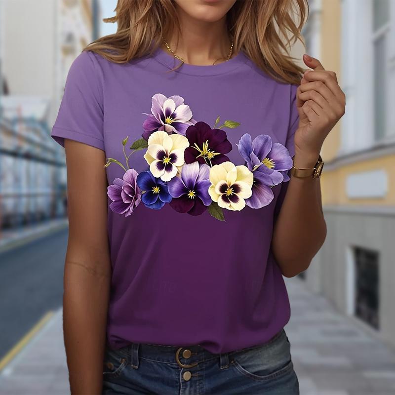 

Модная женская футболка с принтом орхидеи, забавная повседневная футболка с круглым вырезом и короткими рукавами, летняя женская футболка L фиолетовый