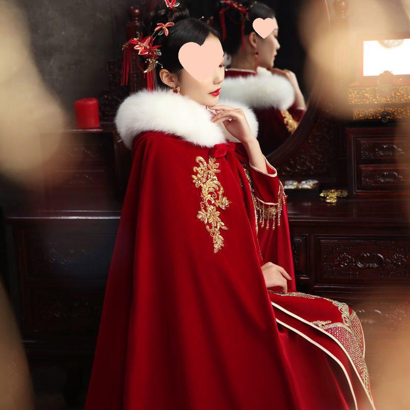 

Плотная бархатная накидка невесты золотого цвета: Теплая накидка ципао Сюхэ с капюшоном для осени/зимы