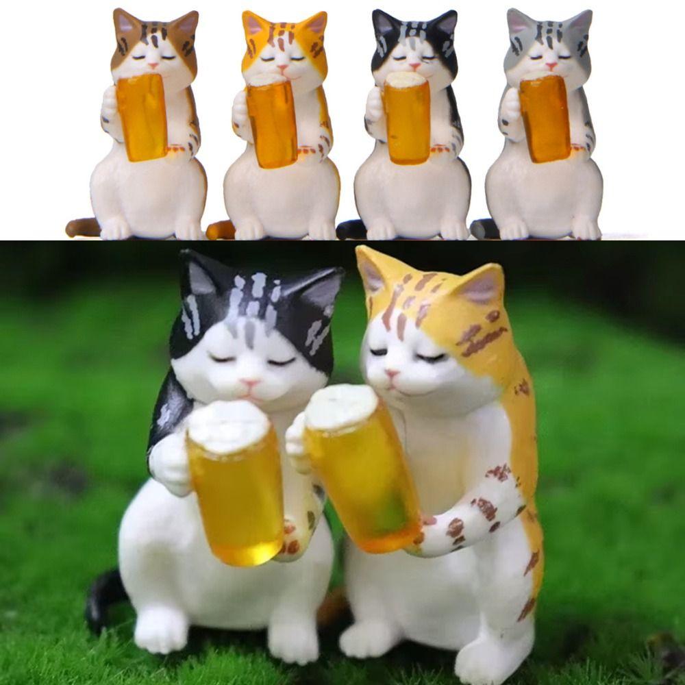 Cartoon Beer Cat Figures Mini Cat Statue Toy Funny Cat Center Console Ornaments  Home Decor