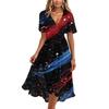 Women’s V Neck Short Sleeve Midi Dress with Abstract Flag Print High Waist Flowy Hem Casual Loose Fit Summer Dress