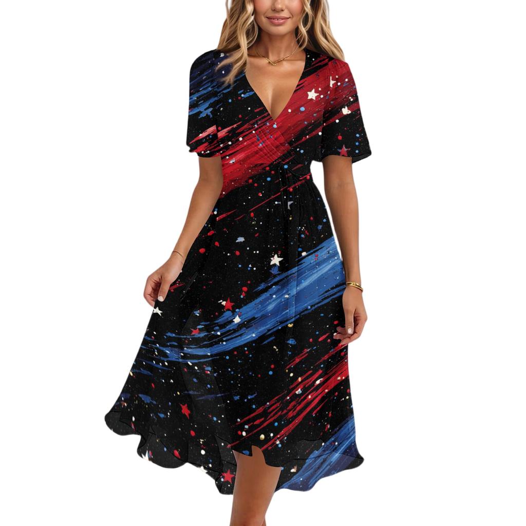 Women’s V Neck Short Sleeve Midi Dress with Abstract Flag Print High Waist Flowy Hem Casual Loose Fit Summer Dress