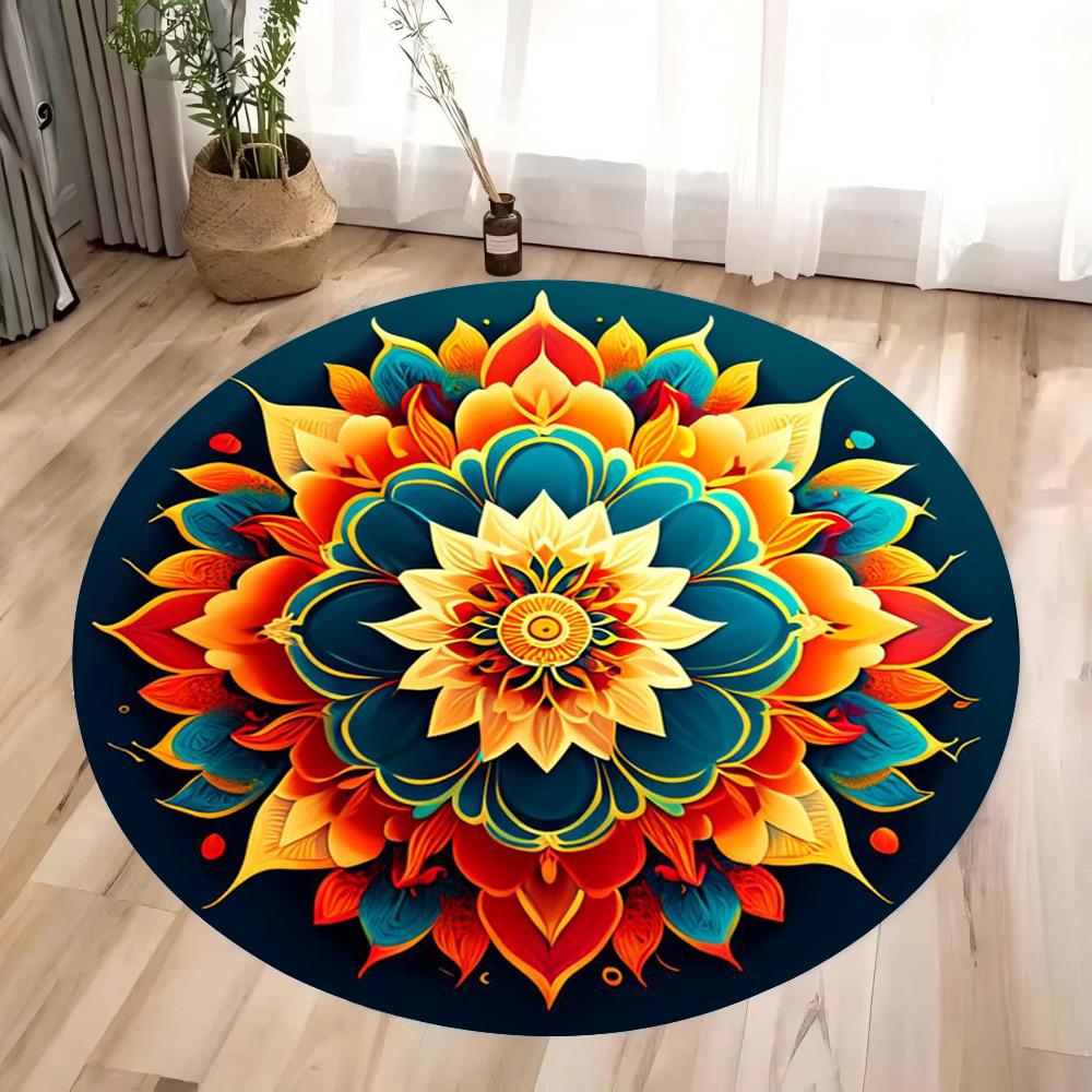 Mandala Round Rug Geometric Floor Carpet Art Deco Circle Mat Traditional Anti Slip Mat Black Area Rugs for Living Room