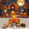 Halloween decoration banner, polyester, with a spooky pumpkin lantern background beneath a full moon