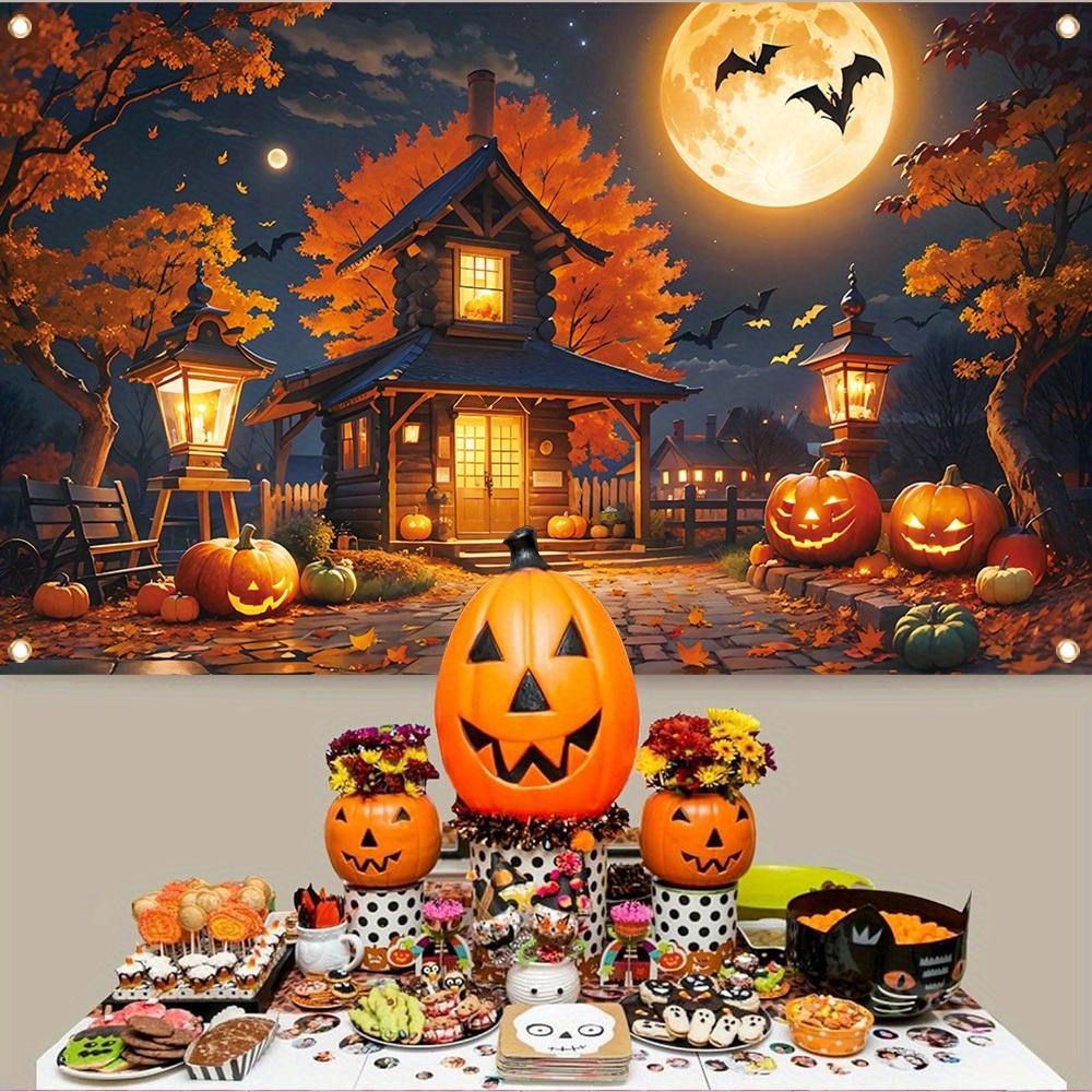 Halloween decoration banner, polyester, with a spooky pumpkin lantern background beneath a full moon