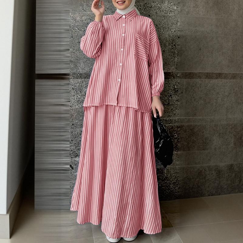 ZANZEA Women Long Sleeve Blouse and Long Skirts Stripe Print Two Piece Suit Sets