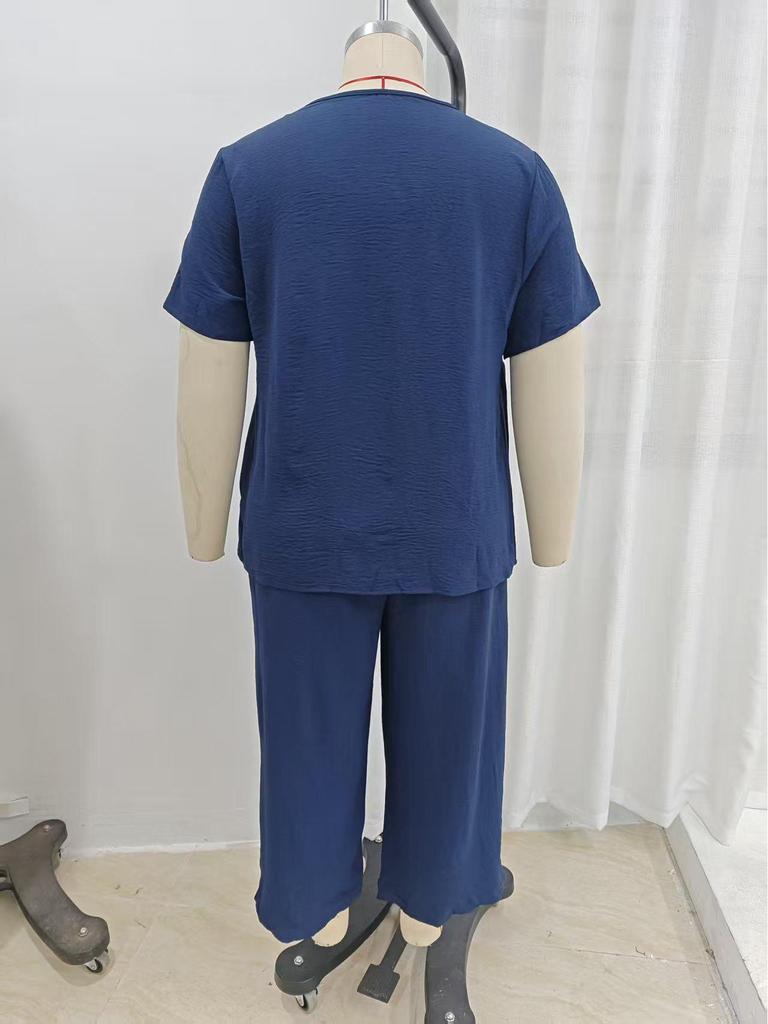 Women's Plus Size Elegant V-Neck Short Sleeve Top and Wide-Leg Pants Set - Solid Colors for Spring, Summer, and Autumn.