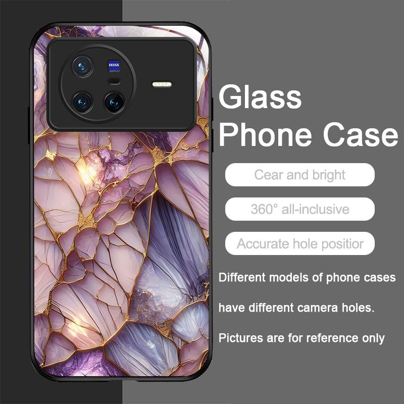 Stylish Purple-Crystal Marble Texture Tempered Glass Phone Case for OPPO Reno 13F 12 11 10 ProPlus Find X8 X3 Lite A58 A94 Cover
