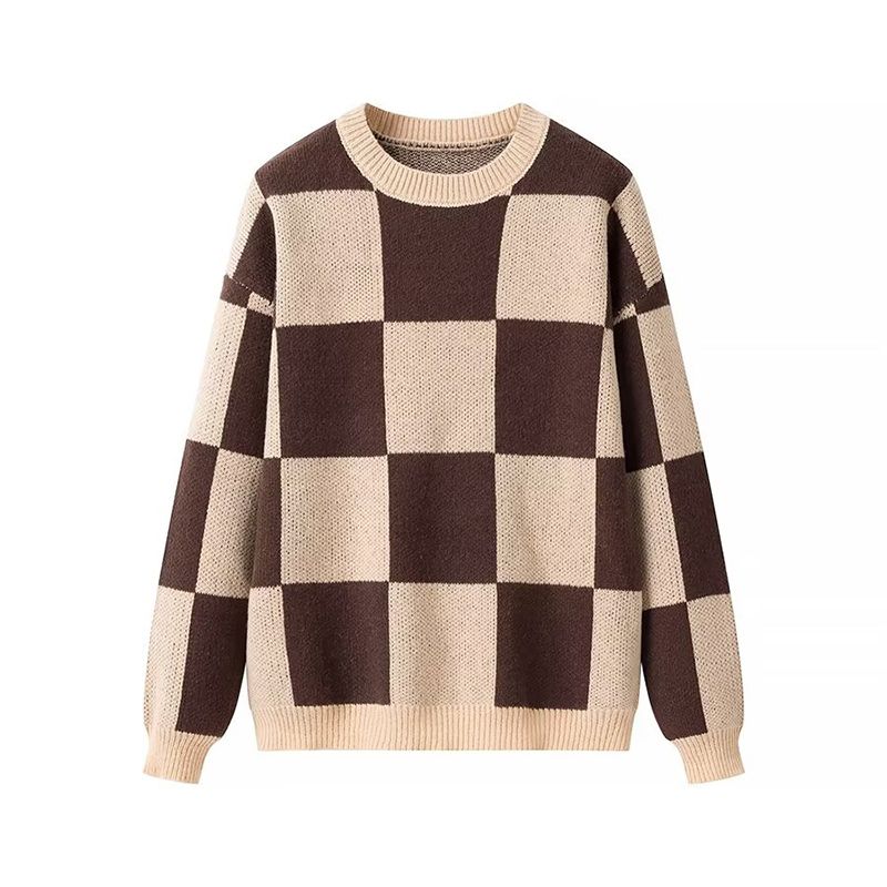 

Warm Brown Checkerboard Sweater American Sexy Retro Loose Street round Neck All-Matching Long Sleeves Pullover Sweater Brown checkerboard One size